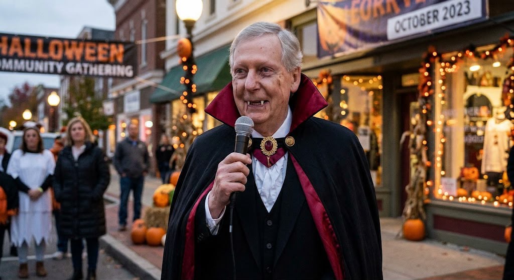 Mitch speaking to neighbors at a Halloween community gathering.
