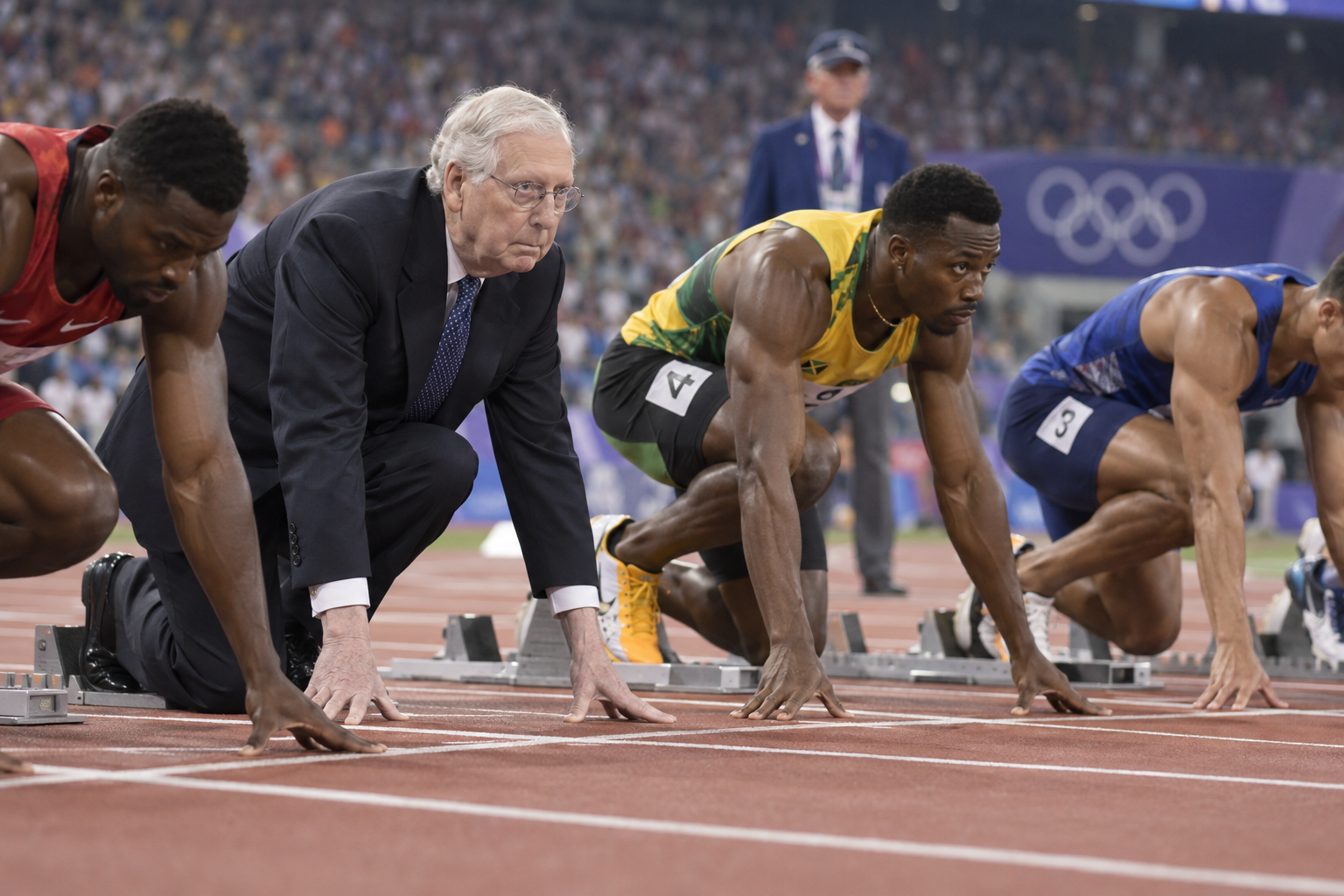 Mitch lined up at a race track beside sprinters.